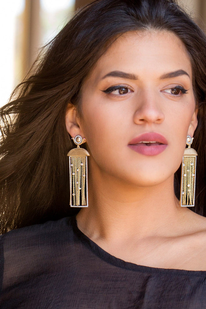 Ammanii Rectangular Shape Earrings with Pearls and Moving Tassels | Maison Orient