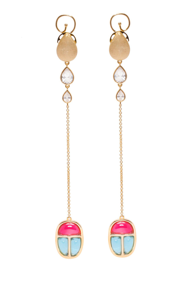Ammanii Drop Vermeil Gold Earrings with Gemstone Scarab Amulet | Maison Orient