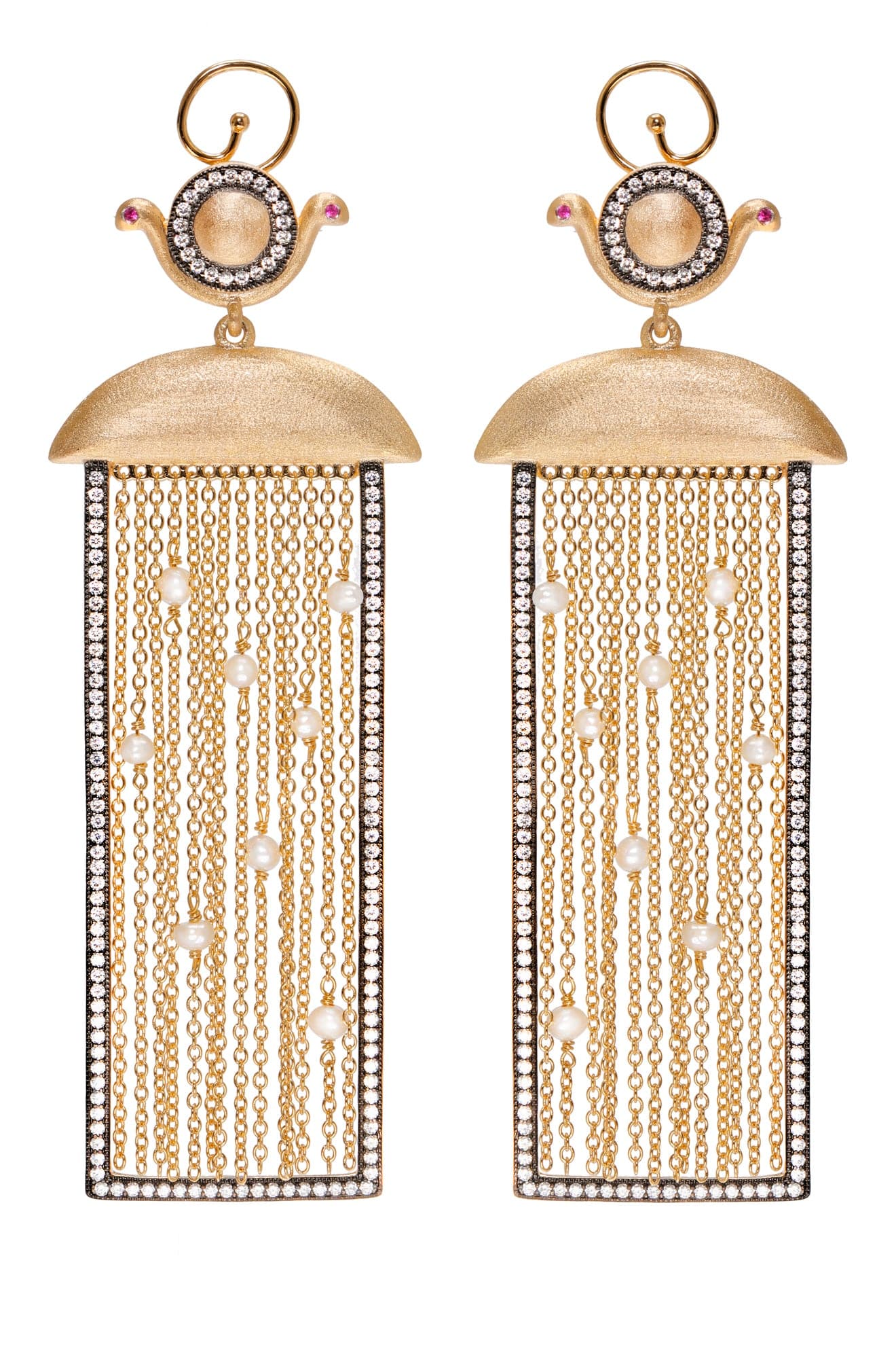 Ammanii Rectangular Shape Earrings with Pearls and Moving Tassels | Maison Orient