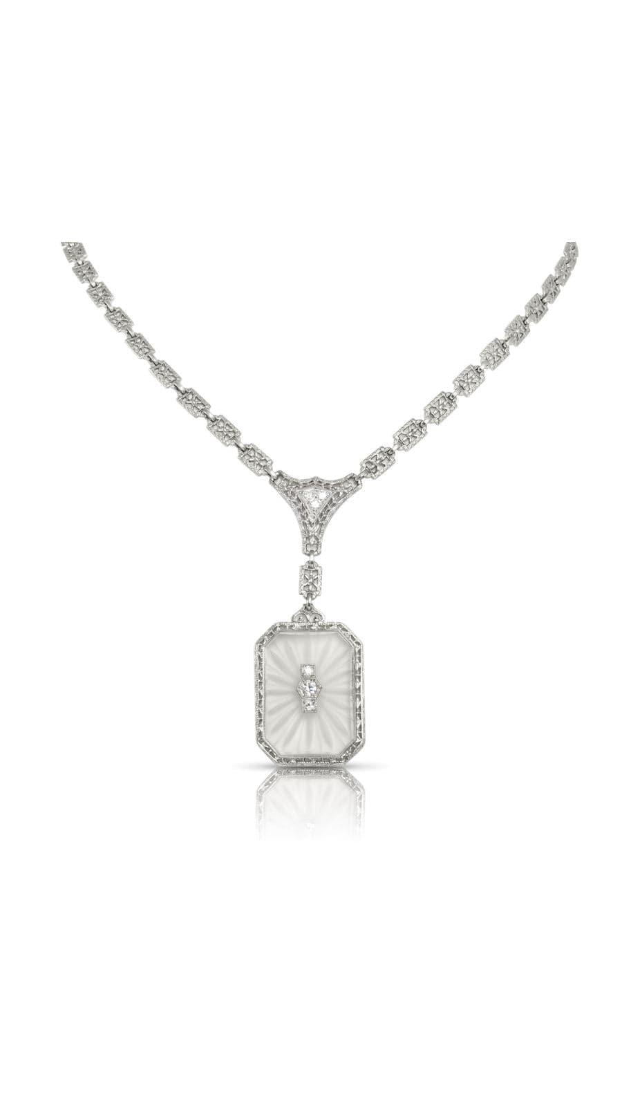 Art Deco Platinum Diamond and Rock Quartz Crystal Necklace | Maison Orient