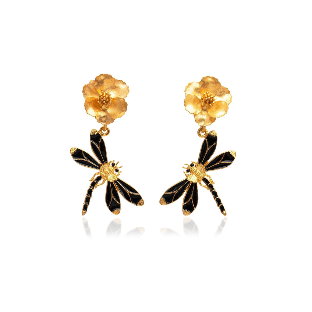 Black Dragonfly Dangle Flower Earrings | Maison Orient
