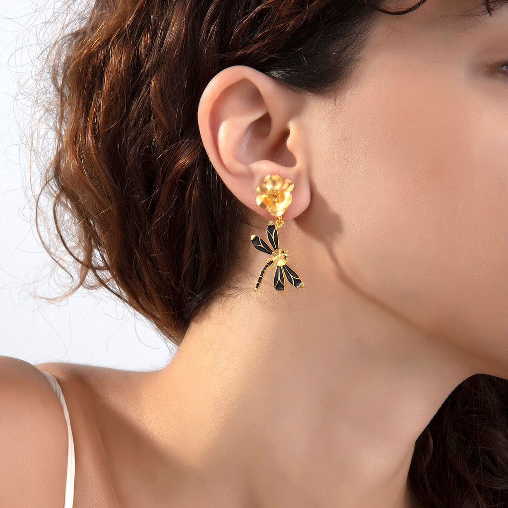 Black Dragonfly Dangle Flower Earrings | Maison Orient