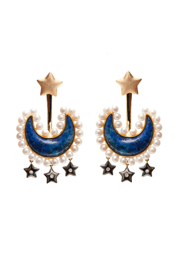 Ammanii Blue Lapis Lazuli Moon Jacket Earrings With Pearls Stars Charms Vermeil Gold | Maison Orient