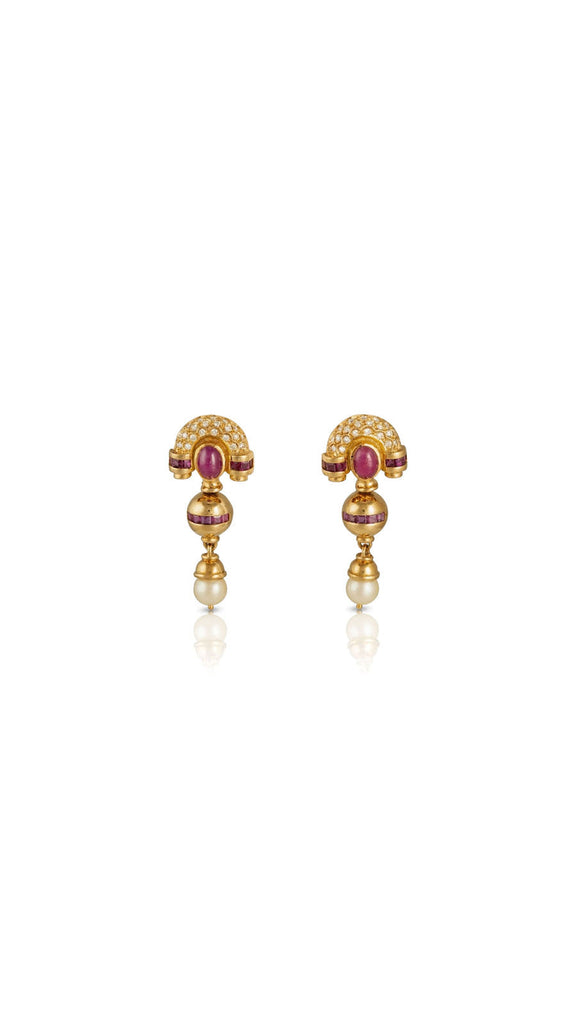 Contemporary Ruby, Diamond and Cultured Pearl Dangle Earrings | Maison Orient