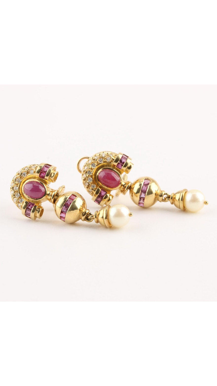 Contemporary Ruby, Diamond and Cultured Pearl Dangle Earrings | Maison Orient