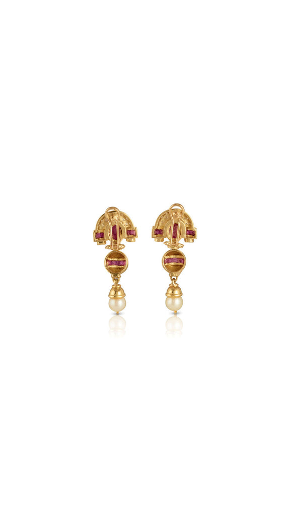 Contemporary Ruby, Diamond and Cultured Pearl Dangle Earrings | Maison Orient