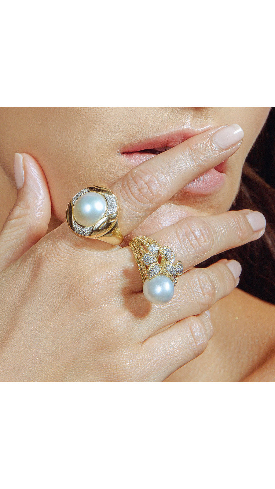 Contemporary 18K Round Mabe Pearl and Diamond Ring | Maison Orient