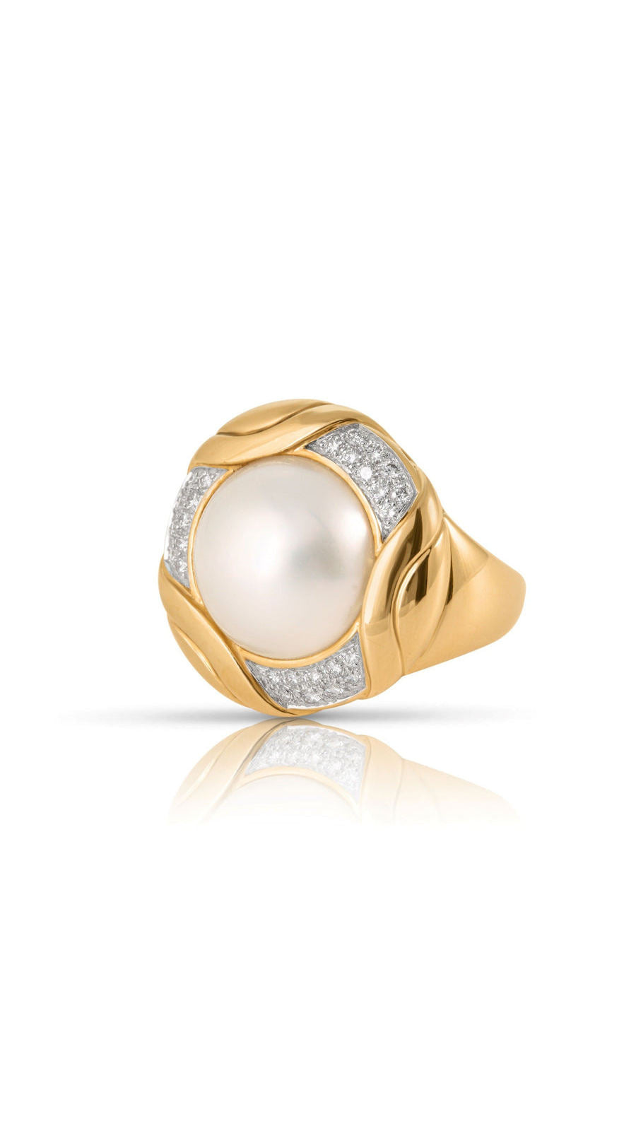 Contemporary 18K Round Mabe Pearl and Diamond Ring | Maison Orient