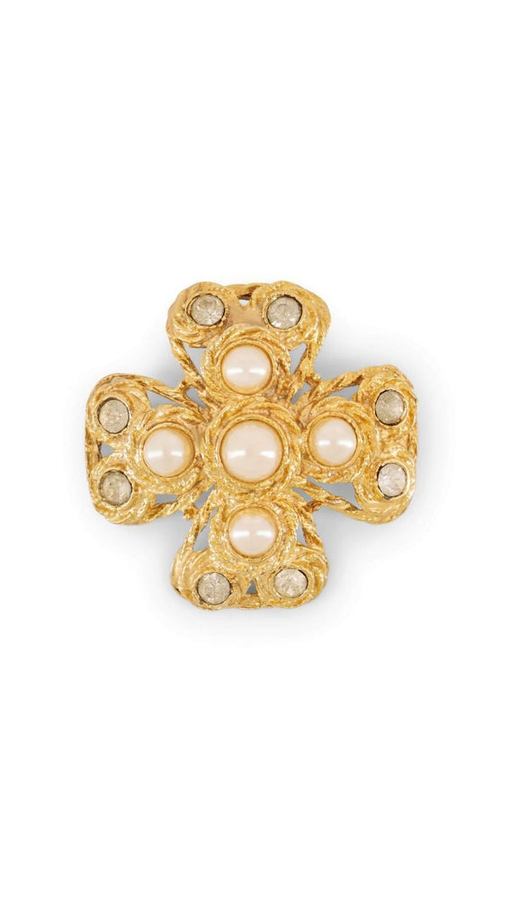 Costume faux pearl and rhinestone cross brooch | Maison Orient