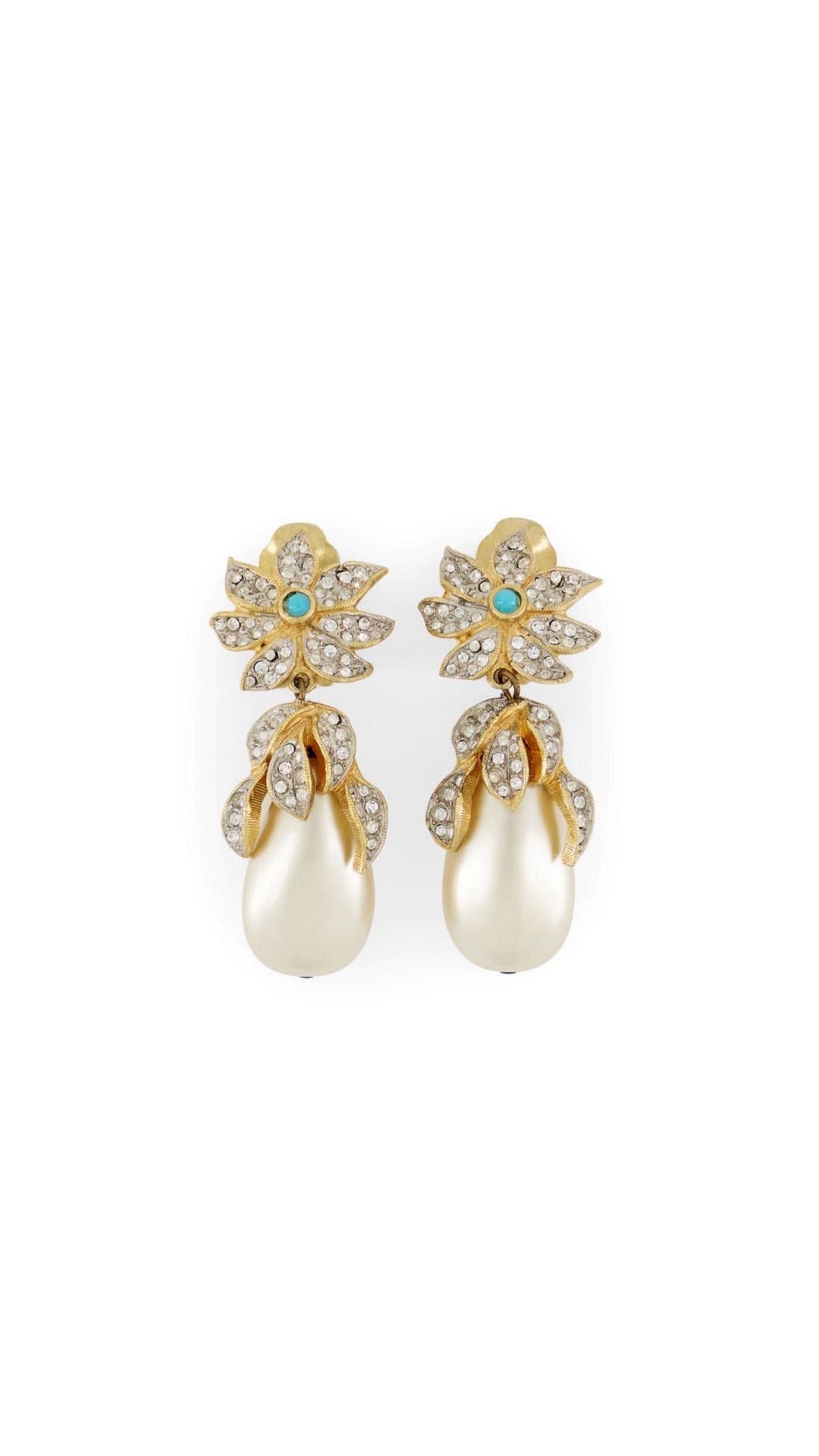 Kenneth Jay Lane Baroque pearl with turquoise center flower drop earrings | Maison Orient