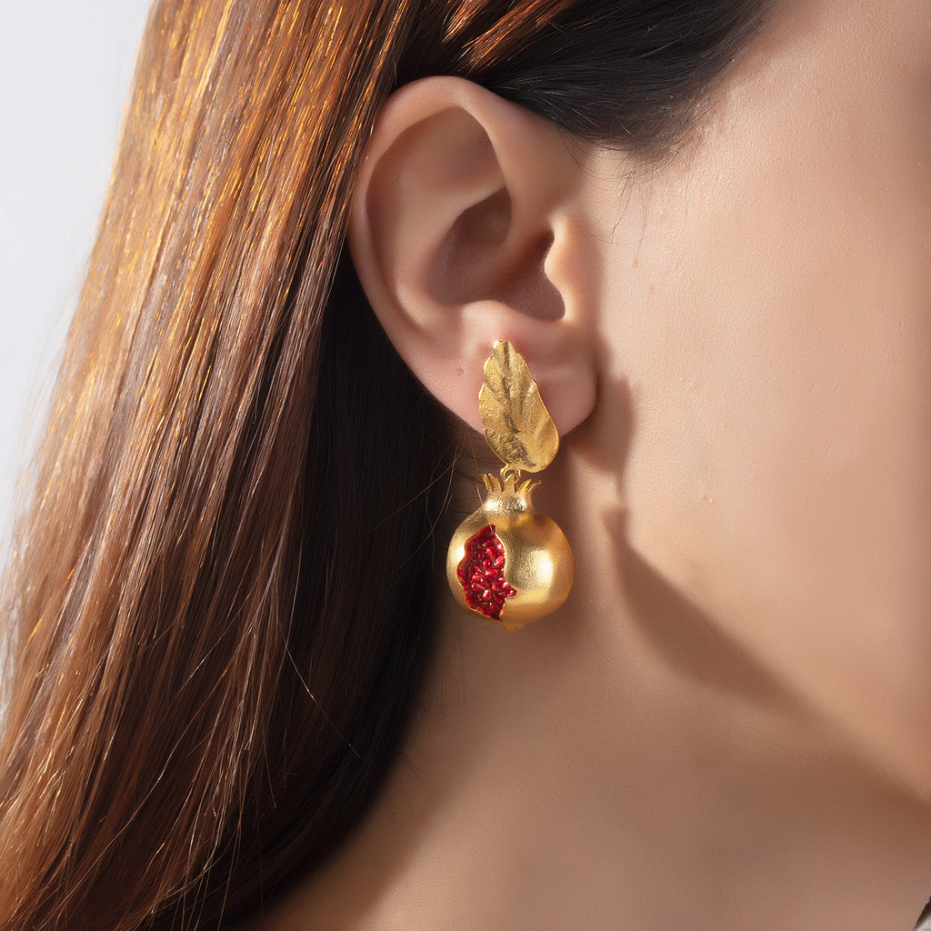 Gold Pomegranate Drop Leaf Earrings | Maison Orient