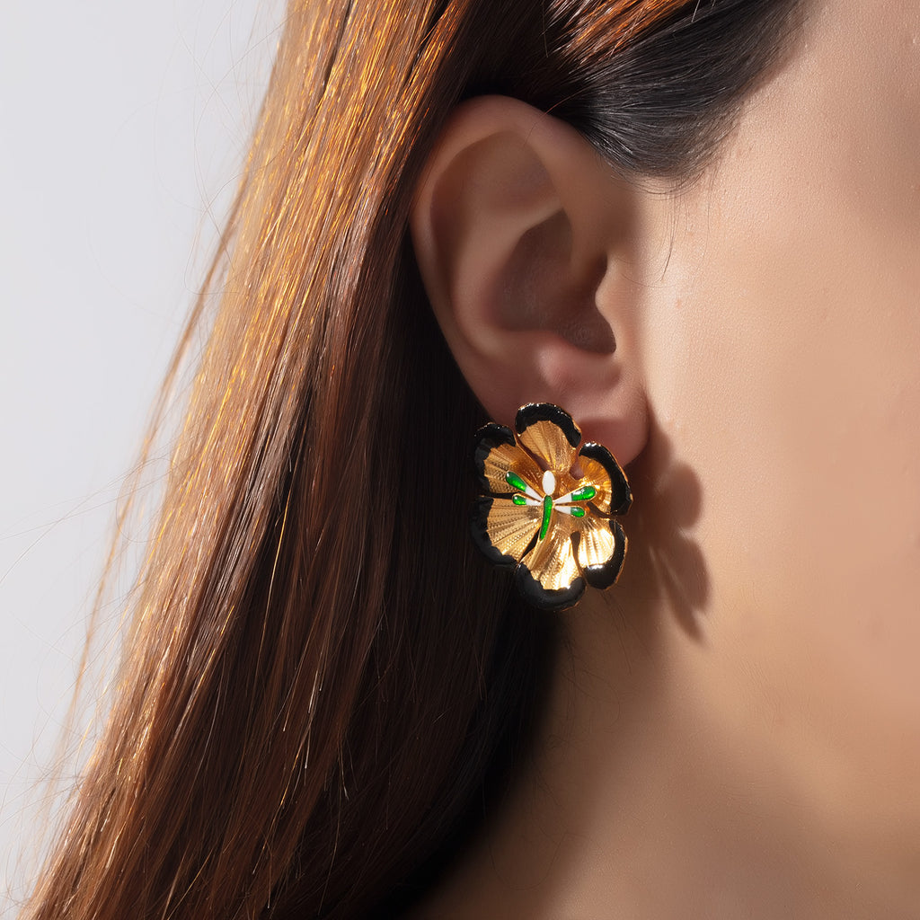 Gold & Black Flower Earrings With Dragonfly | Maison Orient