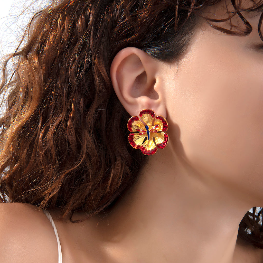 Gold & Red Flower Earrings With Dragonfly | Maison Orient