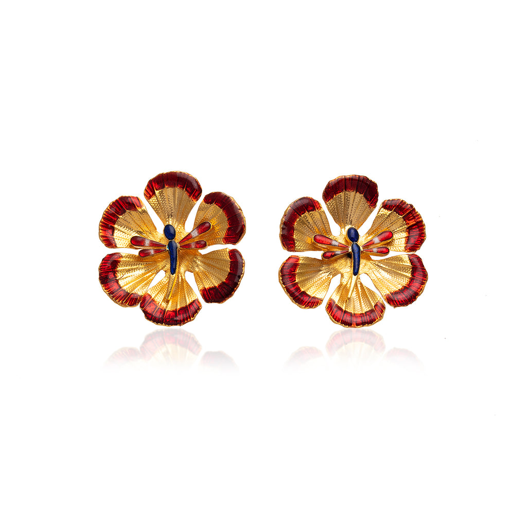 Gold & Red Flower Earrings With Dragonfly | Maison Orient
