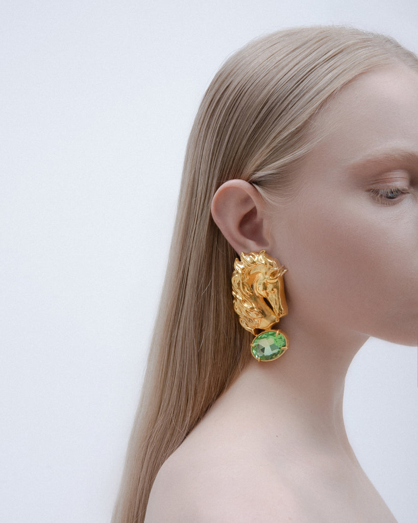 Large Horse head earrings with green stones | Maison Orient