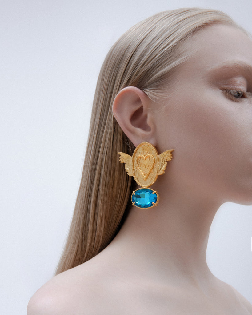 Winged Heart earrings with blue stones | Maison Orient