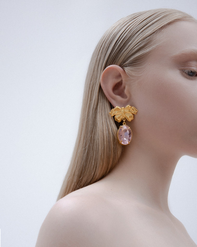 Small Butterfly earrings with pink stones | Maison Orient