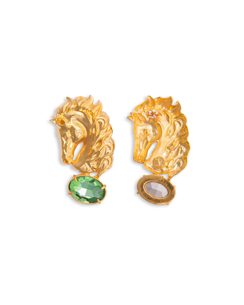 Large Horse head earrings with green stones | Maison Orient