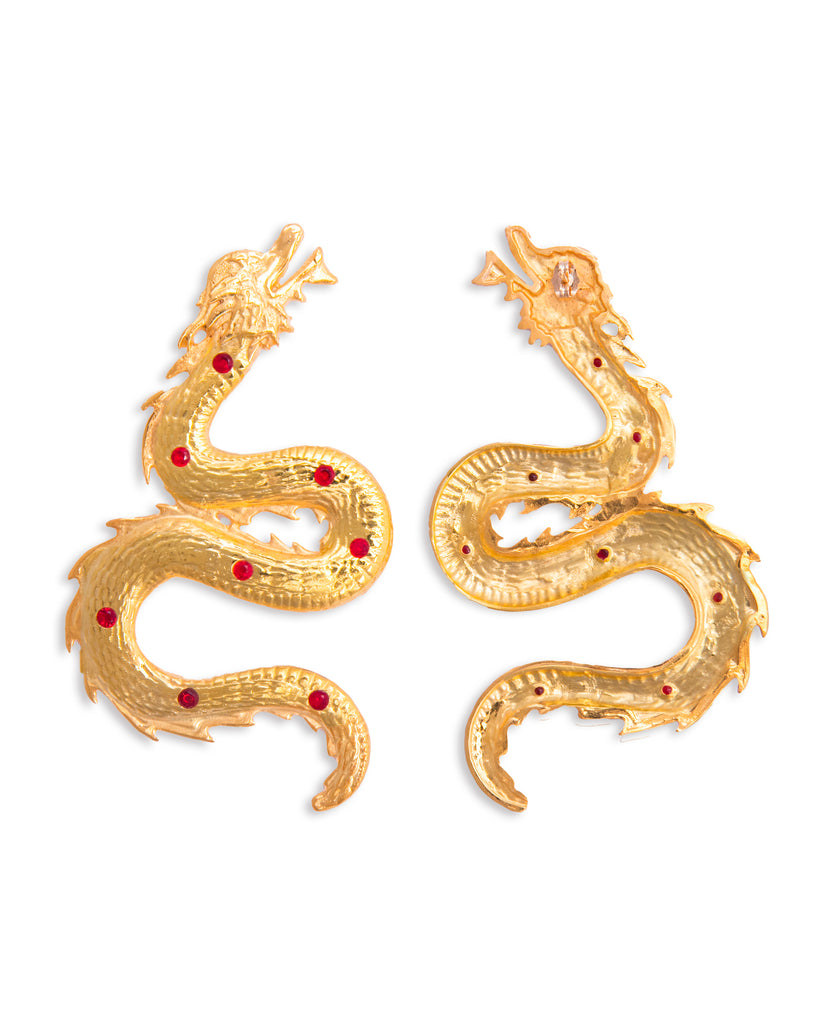 Large Dragon earrings with red stones | Maison Orient