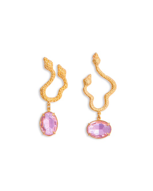 Mismatched snake earrings with pink stones | Maison Orient