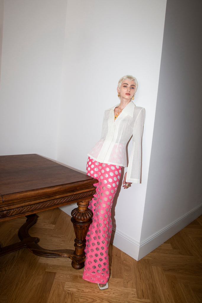 TRANSPARENT POLKA DOT HIGH WAISTED WIDE PANTS | Maison Orient