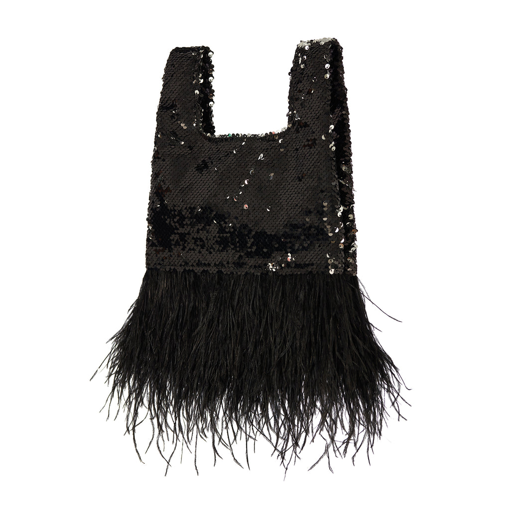 JADE IN BLACK/ SILVER SEQUIN WITH FEATHER | Maison Orient