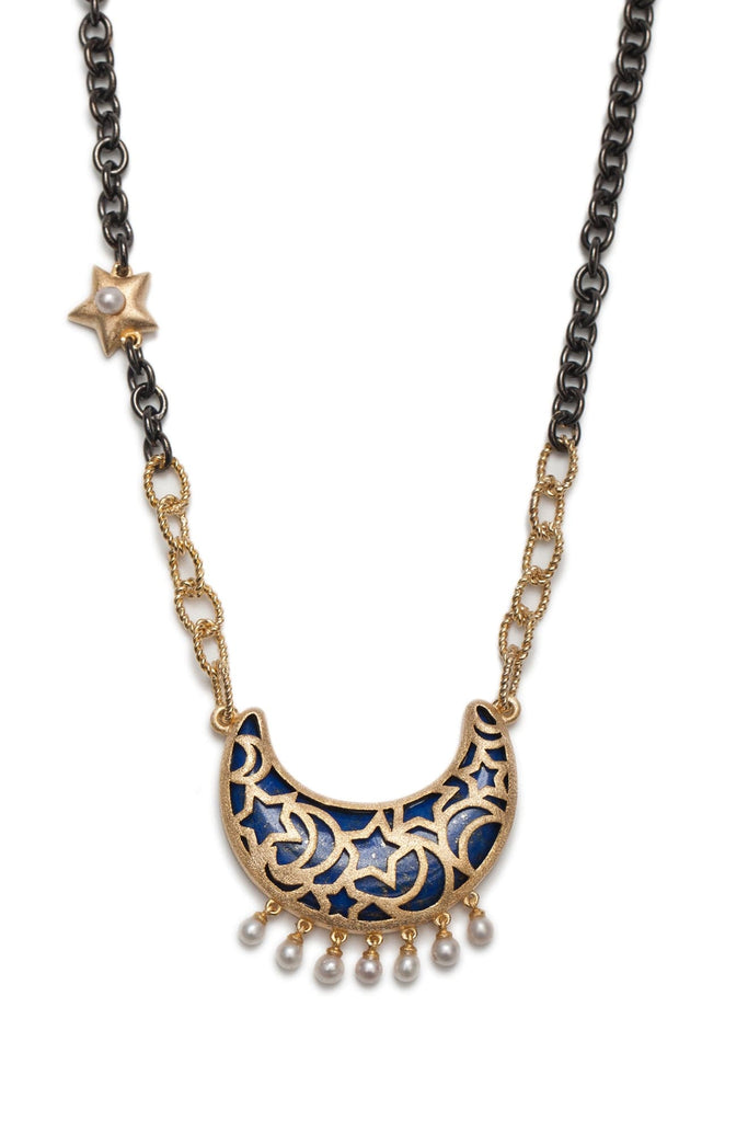 Ammanii Lapis Lazuli Moon With Freshwater Pearls Charms Necklace | Maison Orient
