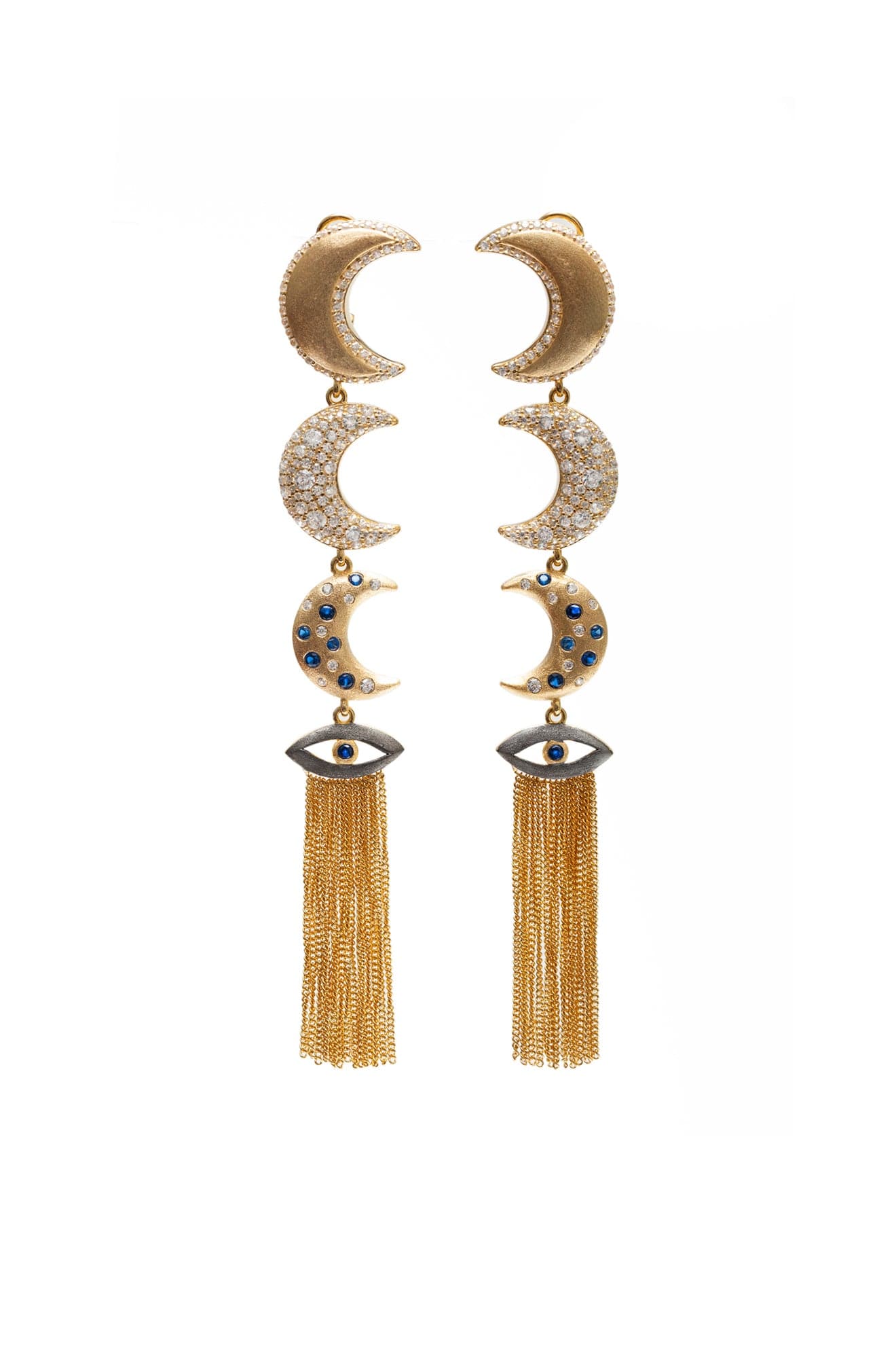 Ammanii Linear Moons With Evil Eye Drop Earrings In Vermeil Gold | Maison Orient