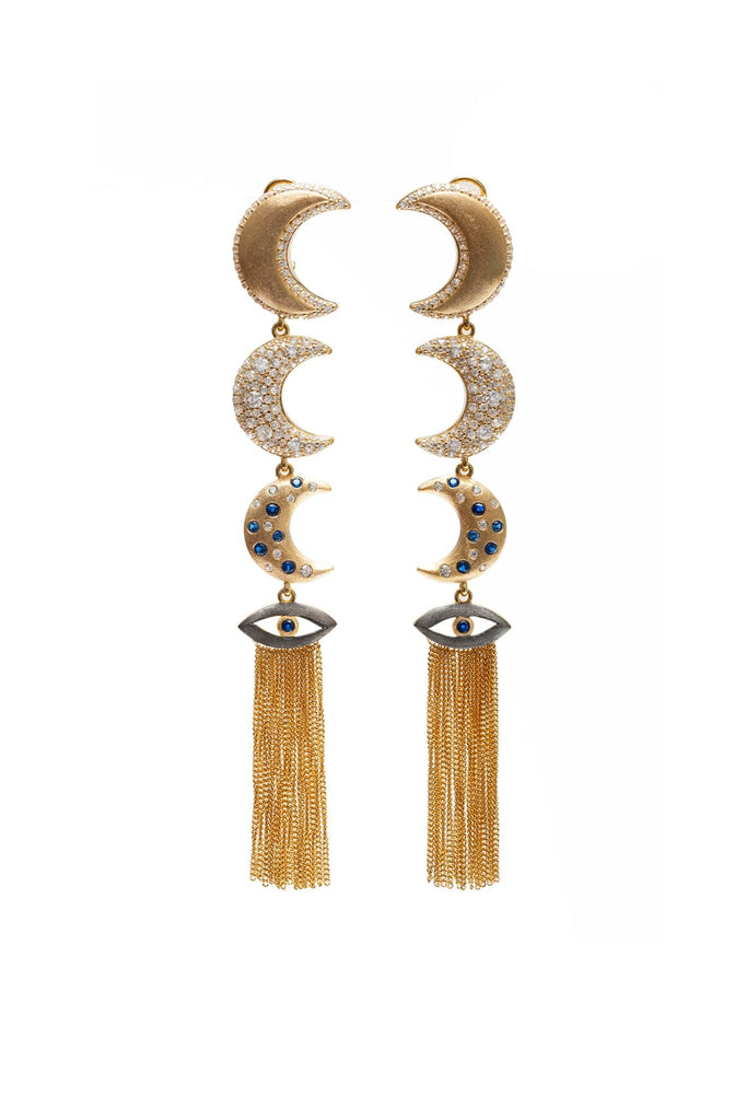 Ammanii Linear Moons With Evil Eye Drop Earrings In Vermeil Gold | Maison Orient