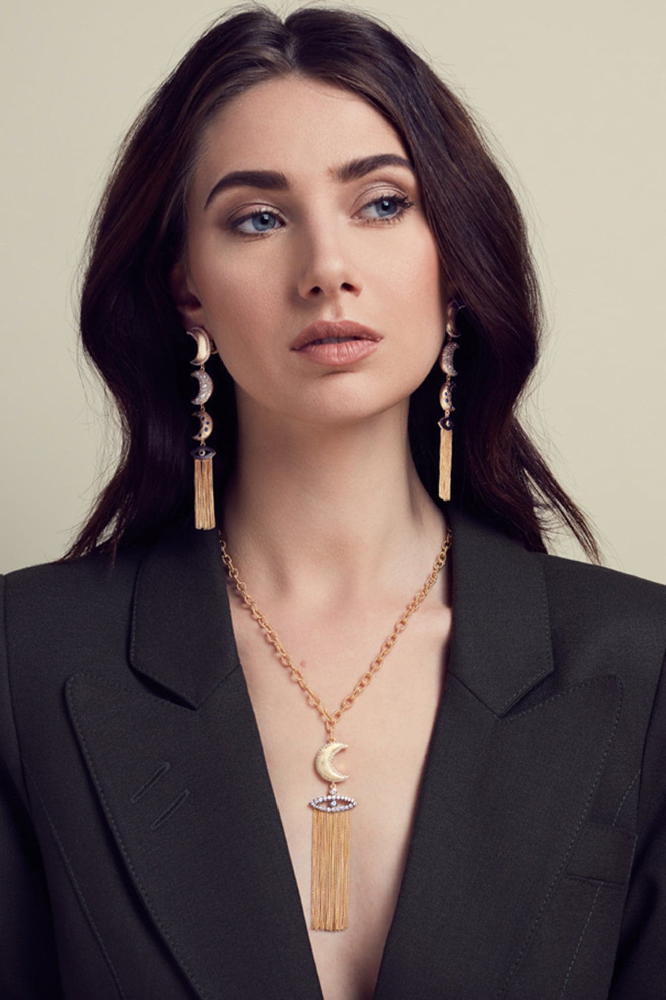 Ammanii Linear Moons With Evil Eye Drop Earrings In Vermeil Gold | Maison Orient