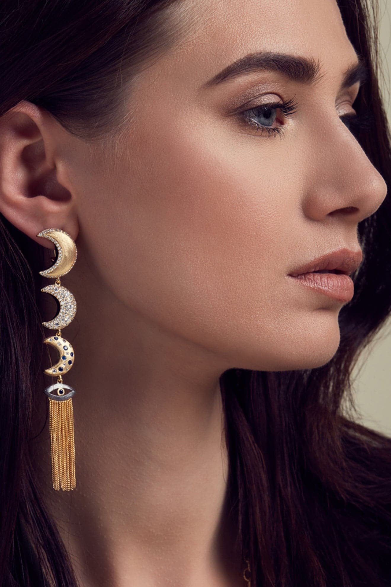 Ammanii Linear Moons With Evil Eye Drop Earrings In Vermeil Gold | Maison Orient