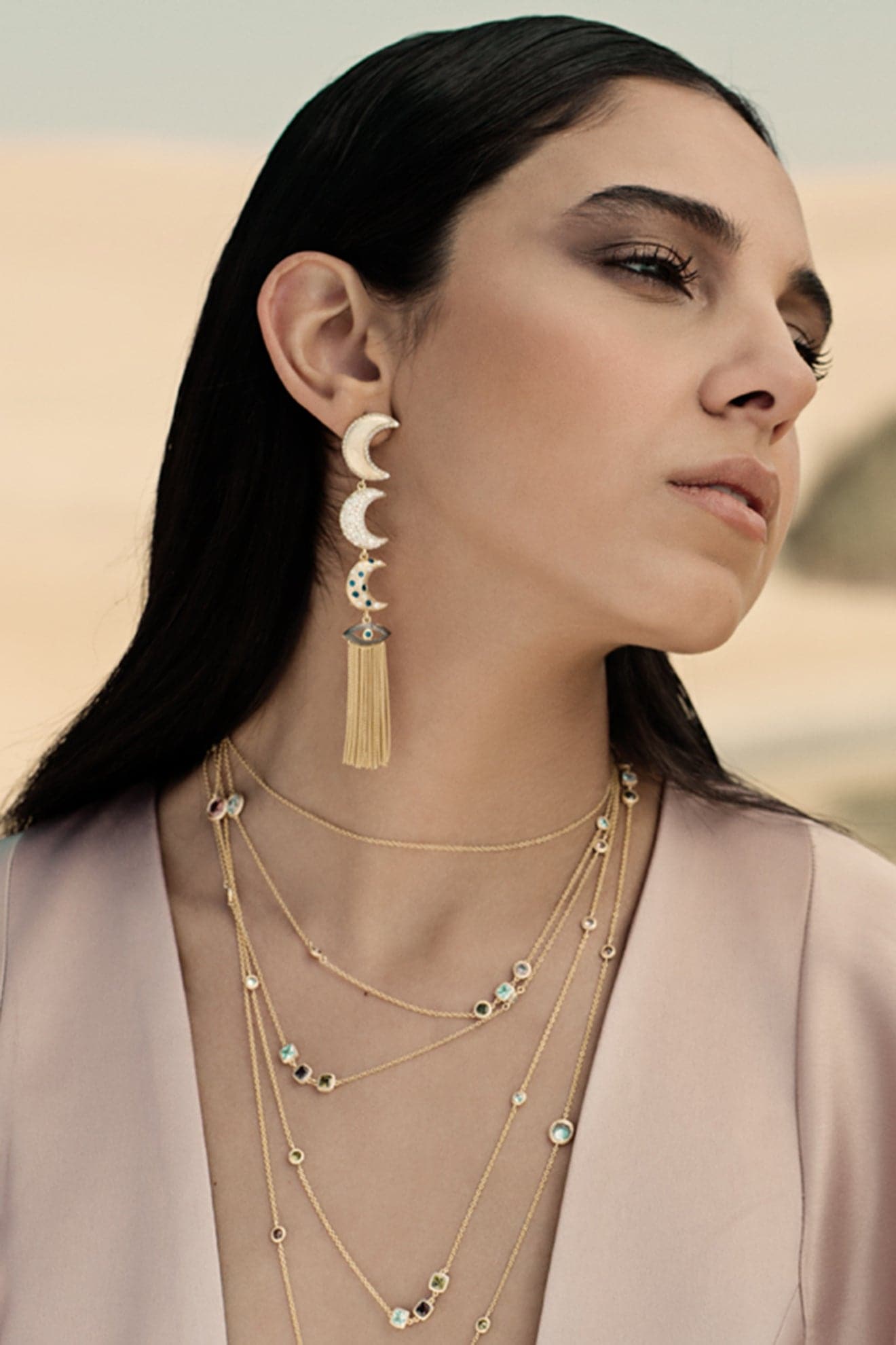 Ammanii Linear Moons With Evil Eye Drop Earrings In Vermeil Gold | Maison Orient