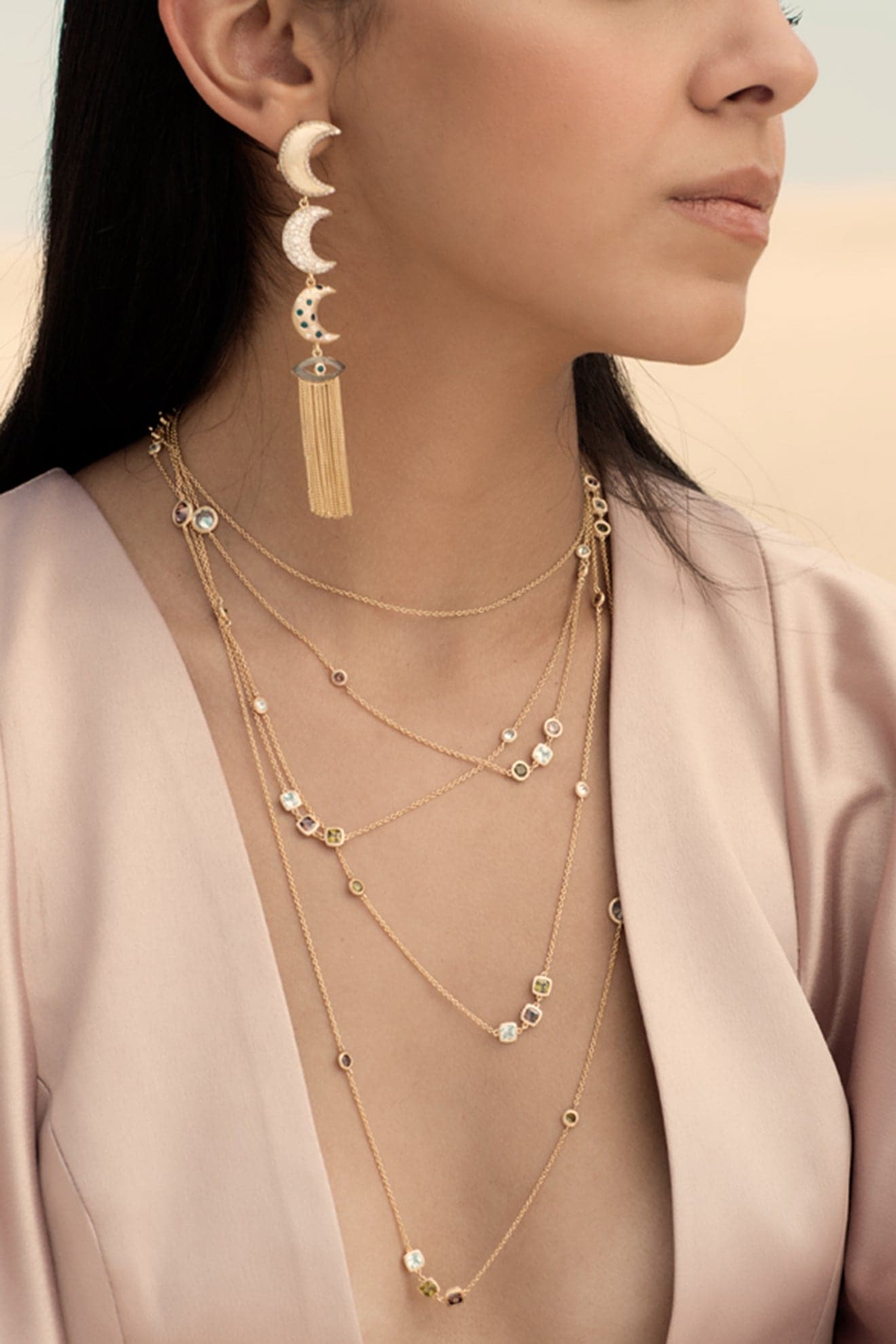 Ammanii Linear Moons With Evil Eye Drop Earrings In Vermeil Gold | Maison Orient