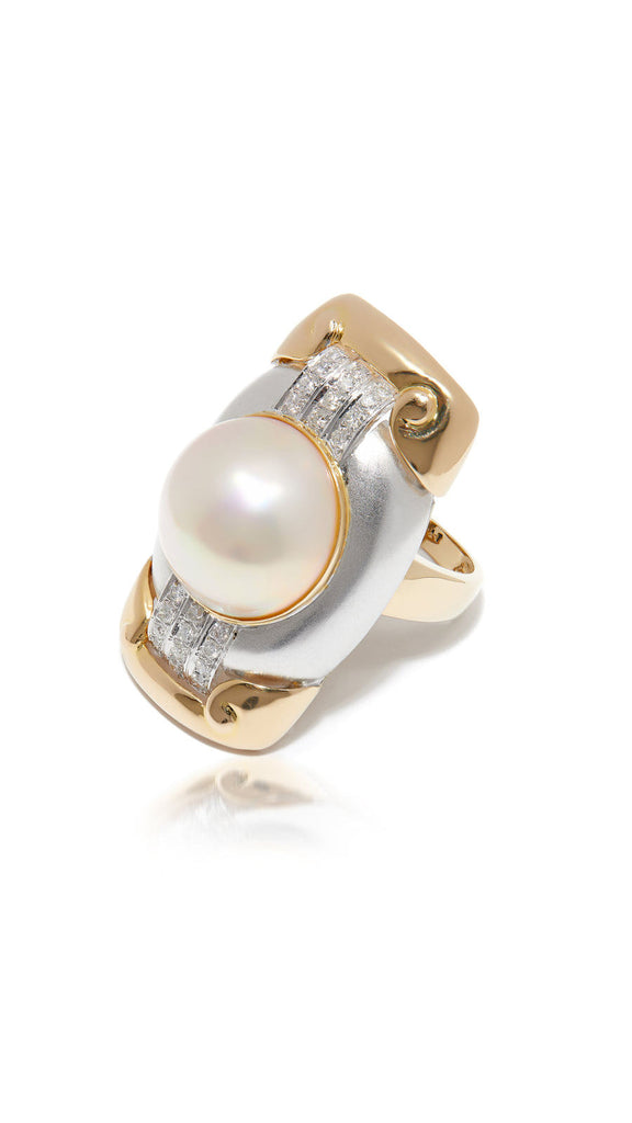 Mabe Pearl and Diamond two tone elongated Ring | Maison Orient