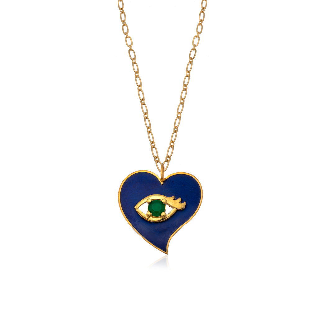 Navy Blue Heart Pendant Necklace With Evil Eye | Maison Orient