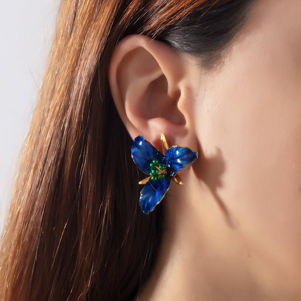 Navy Blue Lily Flower Earrings | Maison Orient