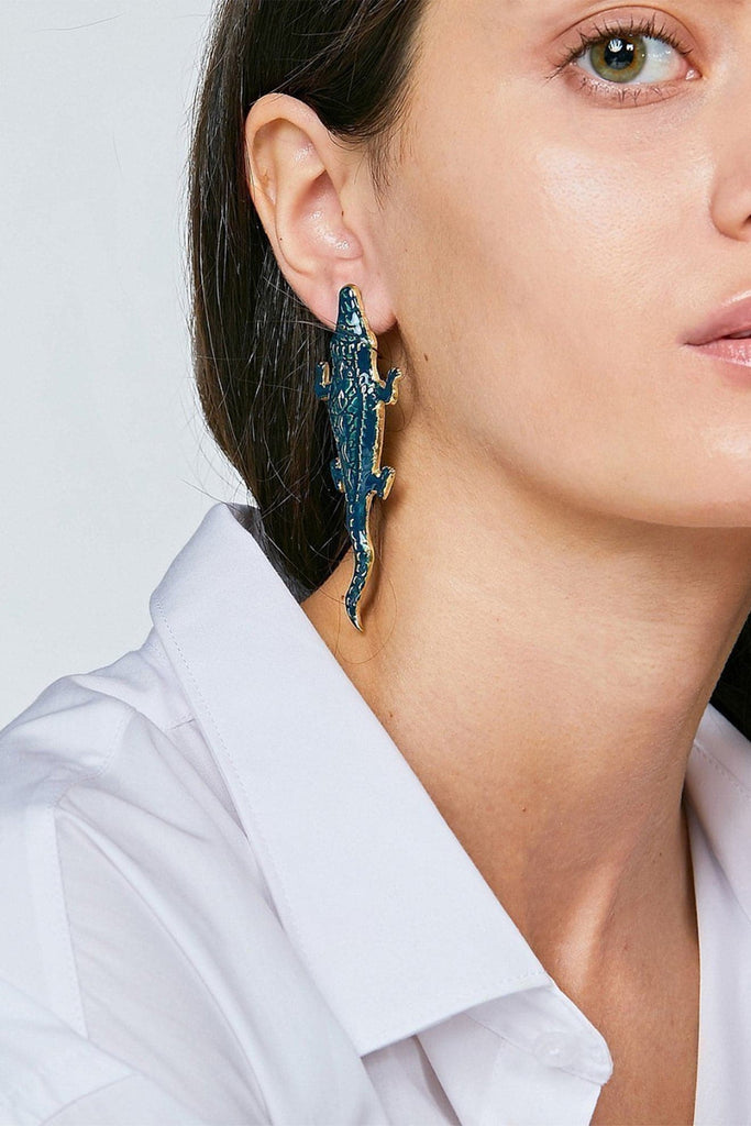 Blue Gold Crocodile Earrings | Maison Orient