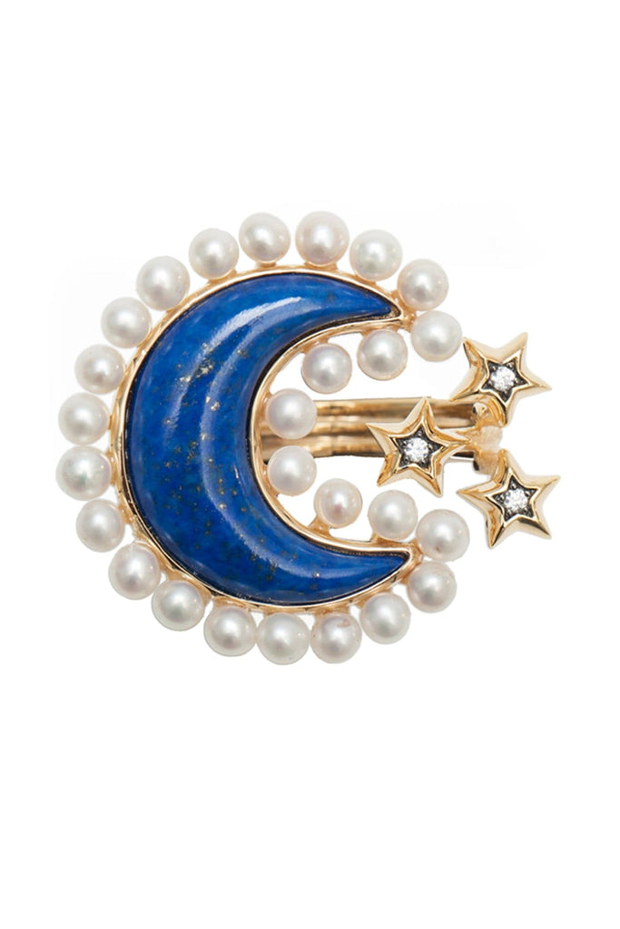 Ammanii Pearls And Lapis Lazuli Moon Ring In Vermeil Gold | Maison Orient
