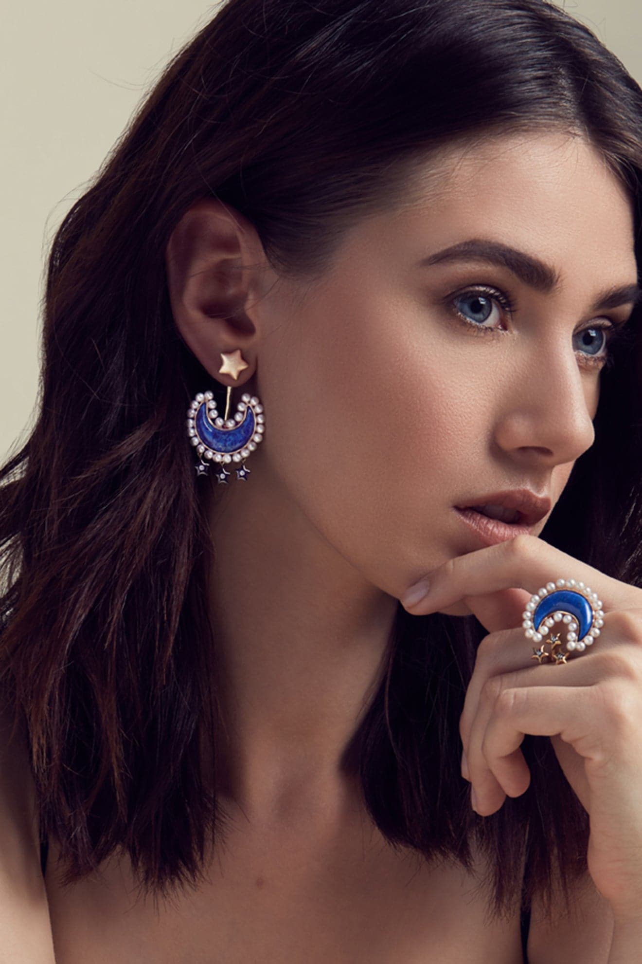Ammanii Pearls And Lapis Lazuli Moon Ring In Vermeil Gold | Maison Orient