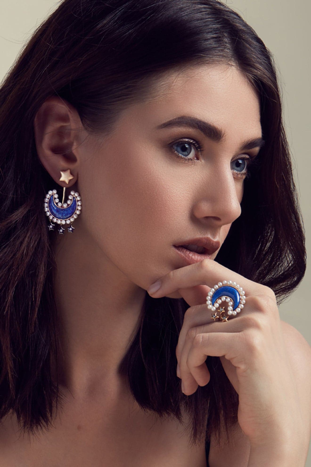 Ammanii Pearls And Lapis Lazuli Moon Ring In Vermeil Gold | Maison Orient