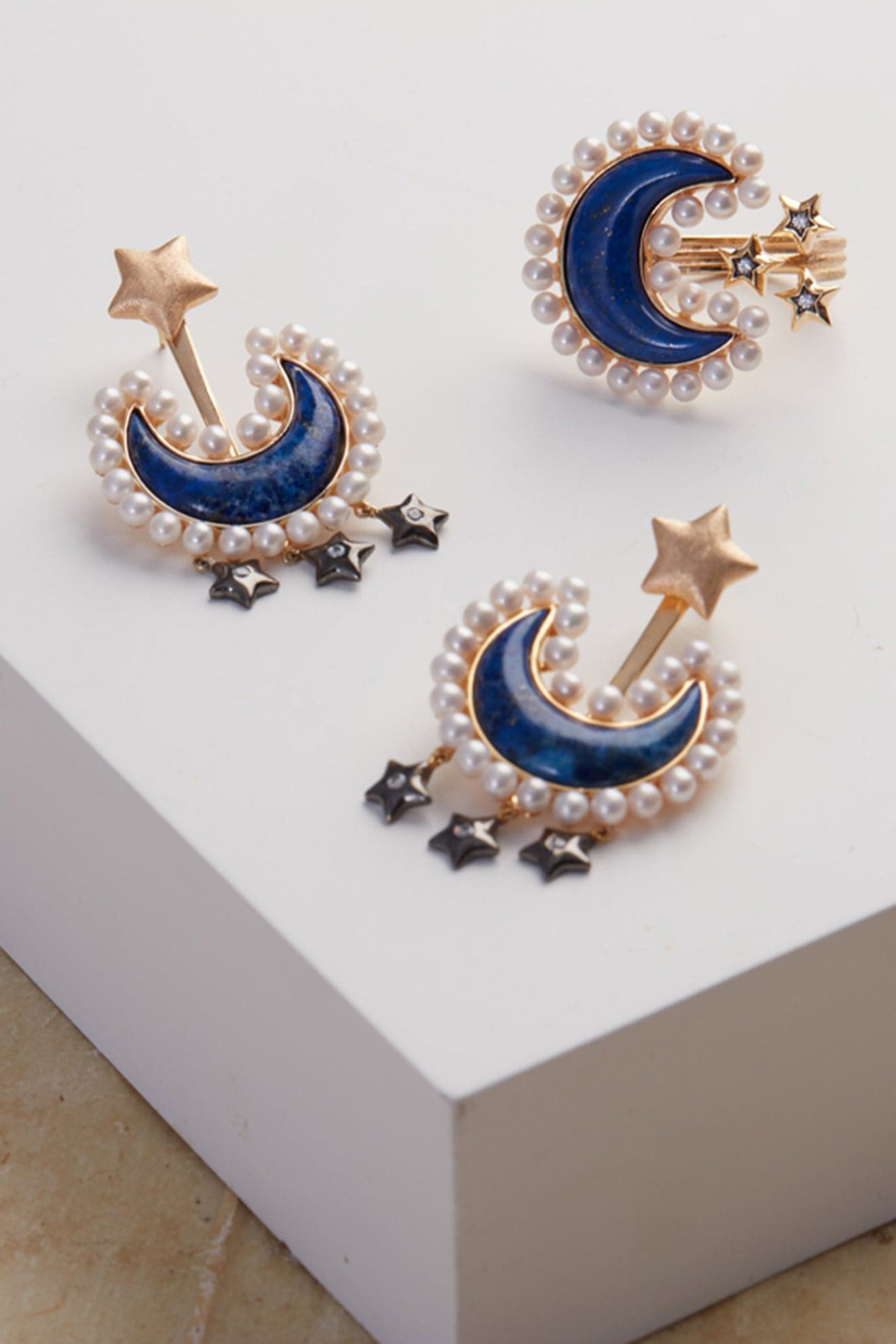Ammanii Pearls And Lapis Lazuli Moon Ring In Vermeil Gold | Maison Orient