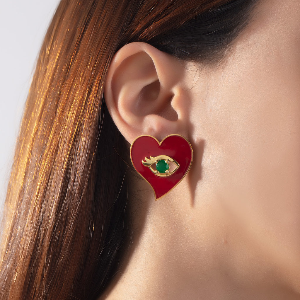 Red Heart Earrings With Evil Eye | Maison Orient