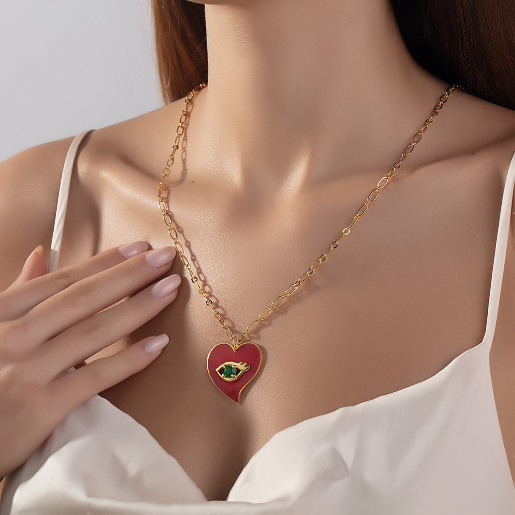 Red Heart Pendant Necklace With Evil Eye | Maison Orient