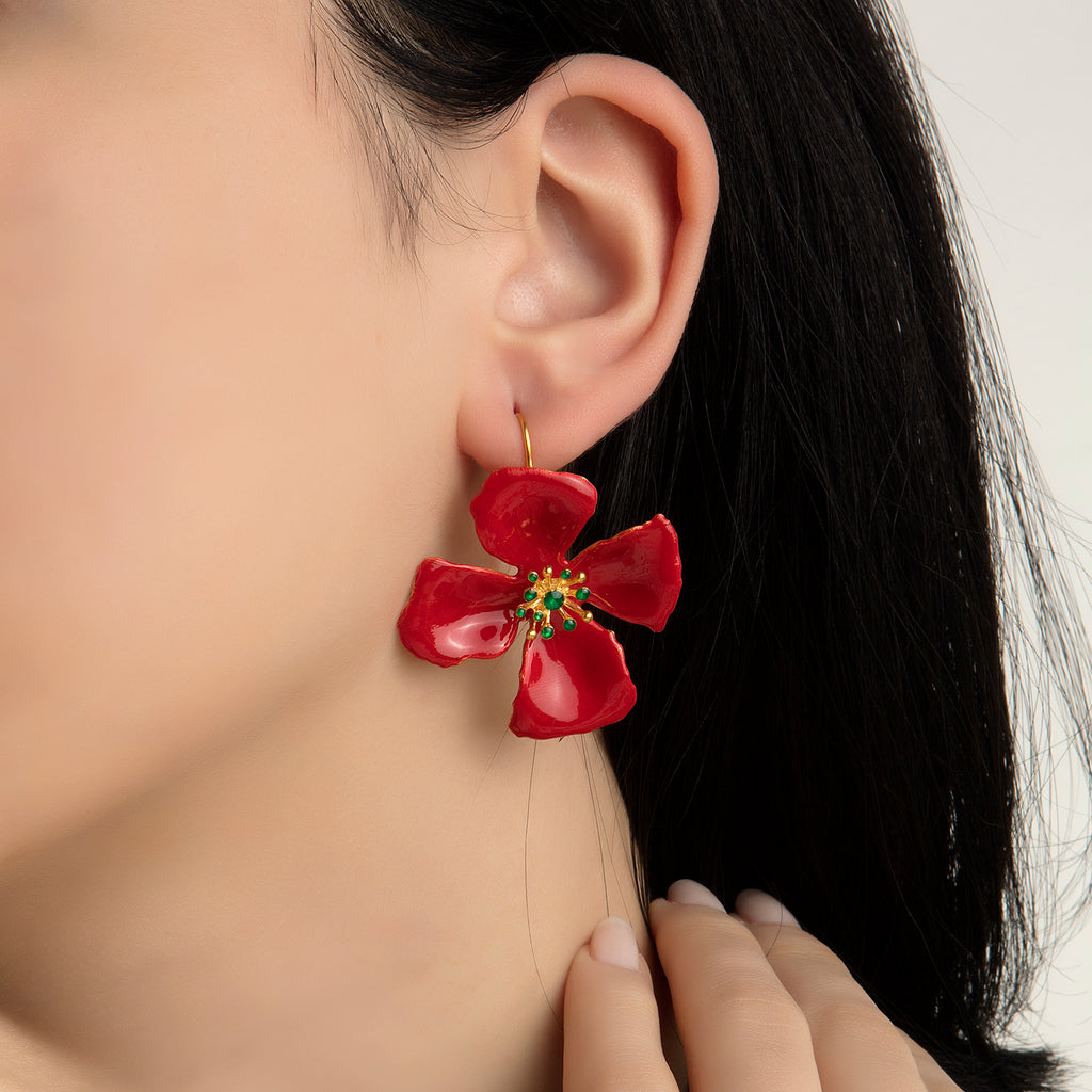 Red Hibiscus Flower Earrings | Maison Orient