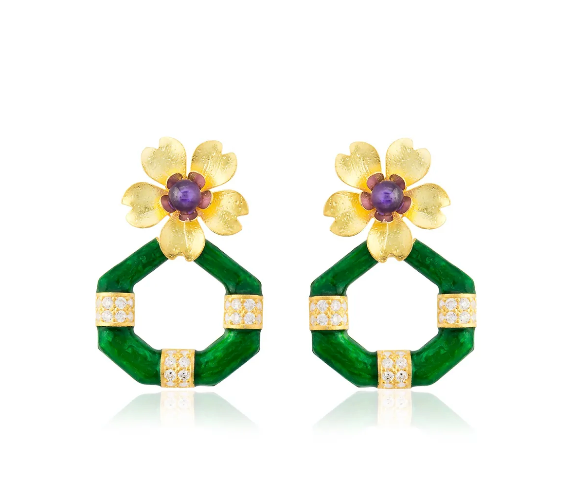 Milou Gold Flower & Geometric Drop Earrings - Green | Maison Orient