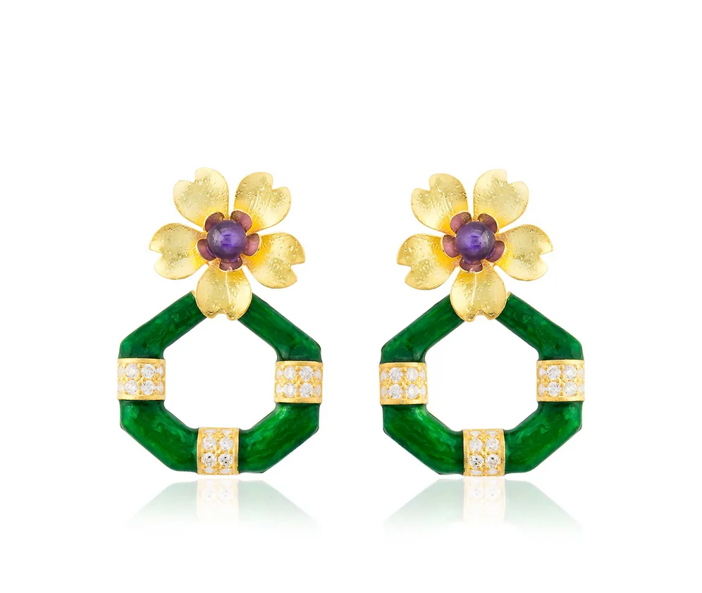 Milou Gold Flower & Geometric Drop Earrings - Green | Maison Orient
