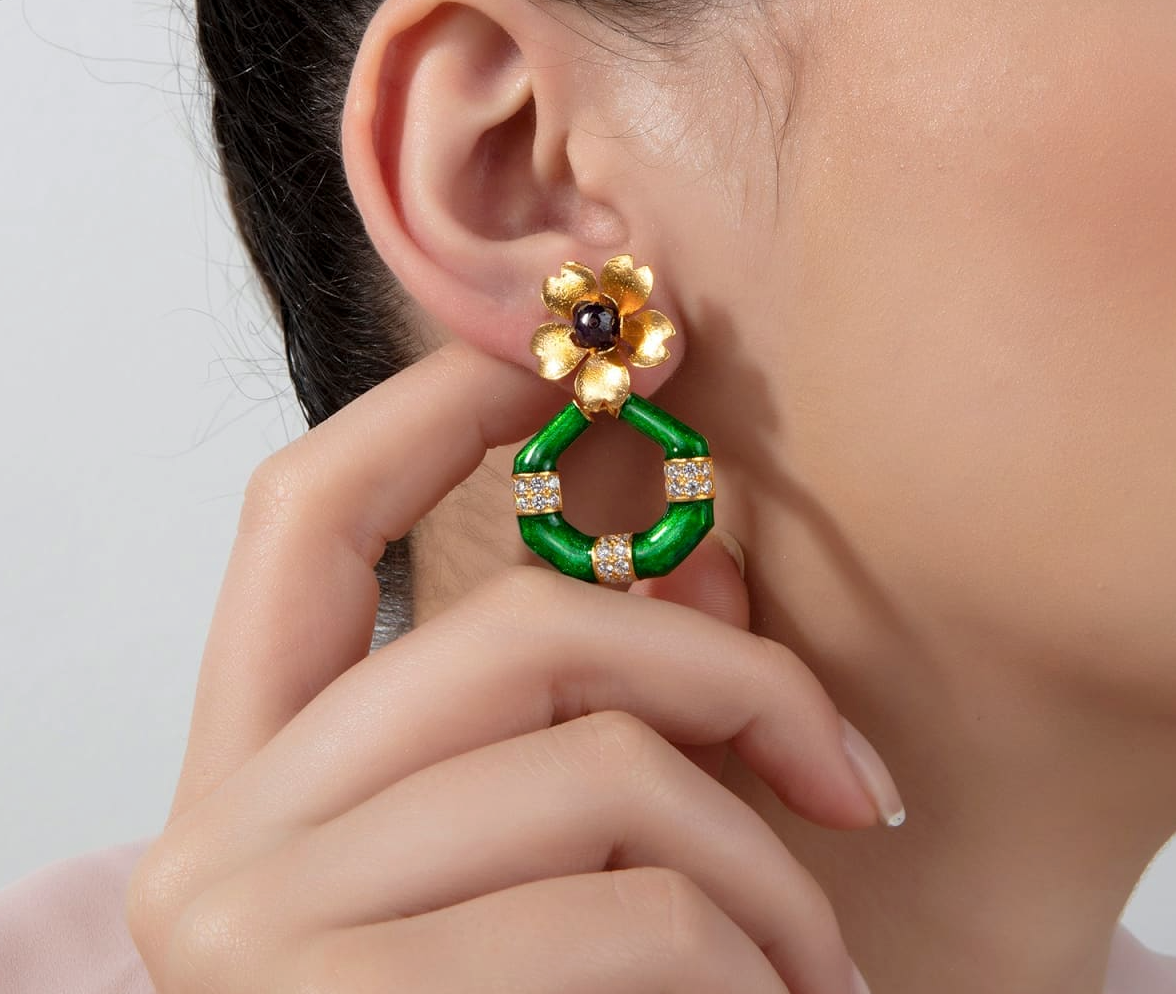 Milou Gold Flower & Geometric Drop Earrings - Green | Maison Orient