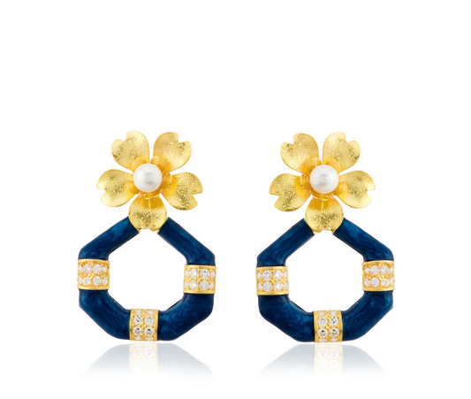 Milou Gold Flower & Geometric Drop Earrings - Navy Blue | Maison Orient