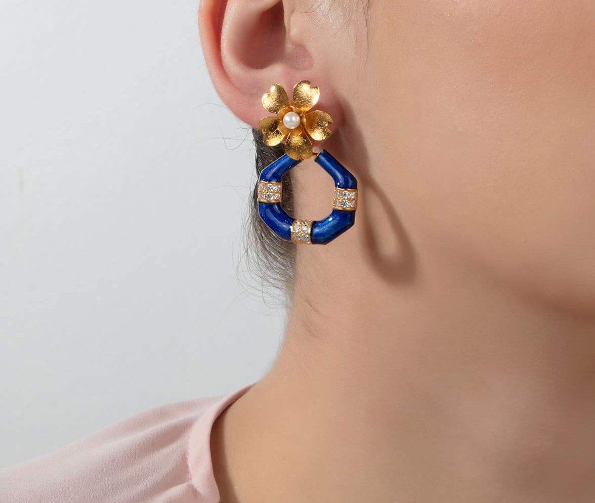 Milou Gold Flower & Geometric Drop Earrings - Navy Blue | Maison Orient