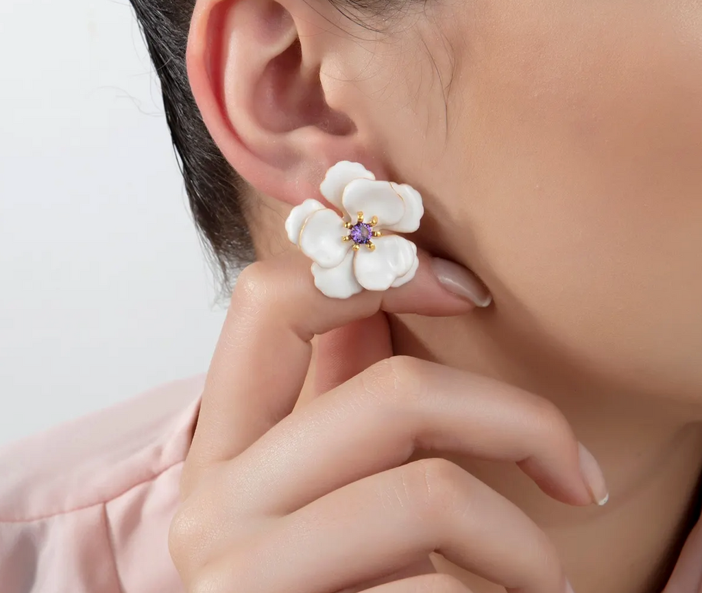 Milou White Viola Flower Earrings | Maison Orient